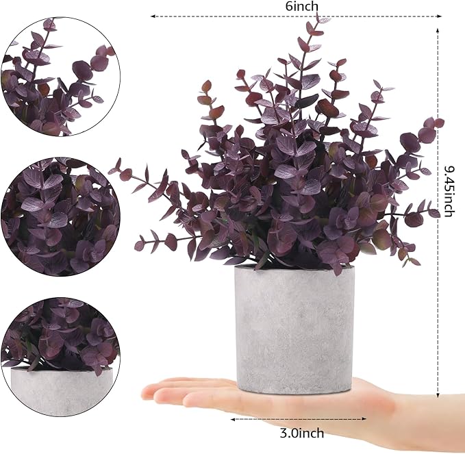 2 Pack Small Fake Plants Eucalyptus Potted Artificial Plants Fall Decorations for Home Shelf Office Bathroom Desk Farmhouse Room Coffee Table Decor Halloween Decor (Plum)