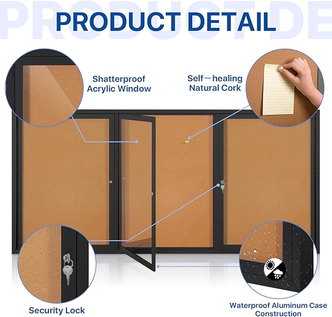 SWANCROWN Outdoor Bulletin Board 70x36in, Enclosed Bulletin Board with Locking Door for Office School Commerce, Cork, Black Aluminum Frame