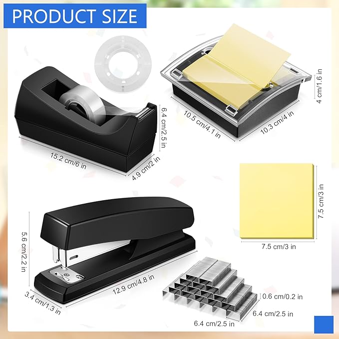Queekay Office Stapler Set Desk Accessory Kit 16 Pieces Desk Staplers Tape Dispenser Sets Pop up Notes Pop up Sticky Notes Desktop Tape Dispenser 2000 Pcs 24/6 Staples