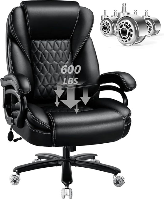 600lbs Big and Tall Office Chair with Pocket Spring Cushion, Ergonomic Heavy Duty Executive Office Desk Chair with Adjustable Lumbar Support, Large Comfy Computer Chair with Dual Rubber Wheel
