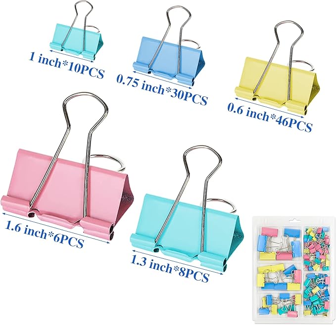 OWLKELA 100 Pcs Colored Binder Clips, Paper Clamps, Paper Binder Clip, Assorted Sizes, Metal Colorful Binder Clips, Ideal for Office, Home and School Supplies