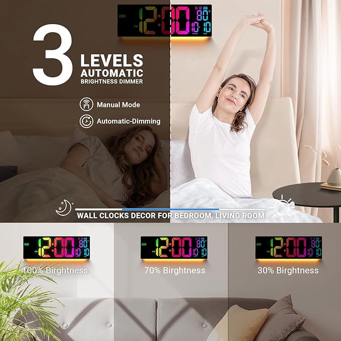 16.5" Large Digital Wall Clock: 11 RGB Colors Wall Mount Decor Clock for Living Room Bedroom Office Classroom, House Warming Gifts New Home Decor, Christmas Birthday Gifts for Men Women Black