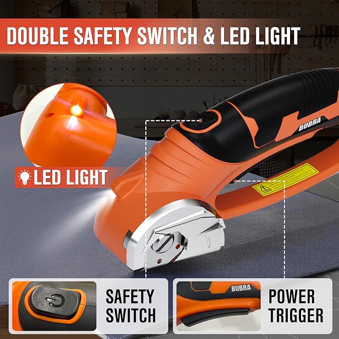 BUBRA Cordless Electric Scissors, 4V Cardboard Cutter with 4 Blades, Rechargeable Box Cutter up to 1/3", with Storage Bag, Safety Lock & LED Light, Electric Scissors for Cardboard, Fabric & Carpet