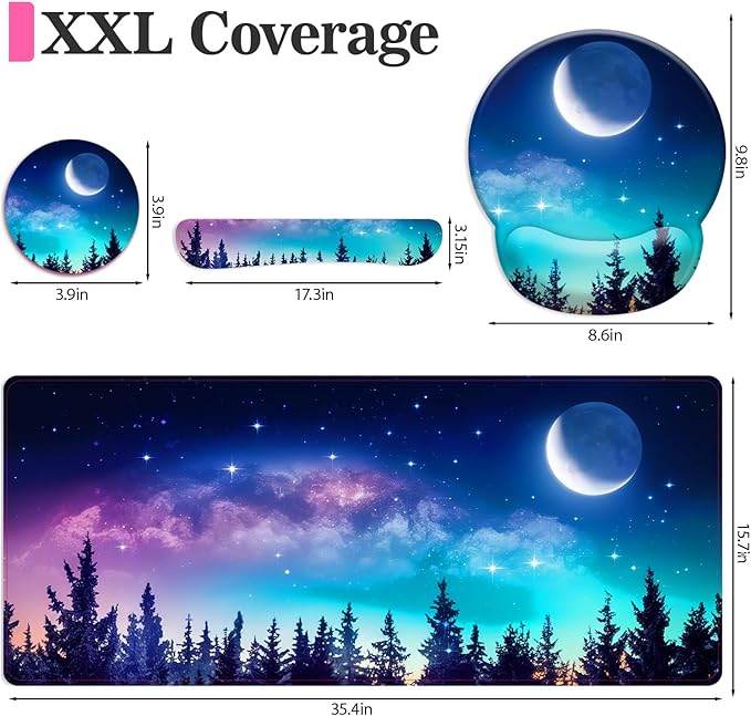 Long Mouse Pad XXL,Ergonomic Desk Mat Gaming Set,Keyboard Wrist Support Rest Mouse Pad Suitable for Office and Home (XXL Forest Setting)