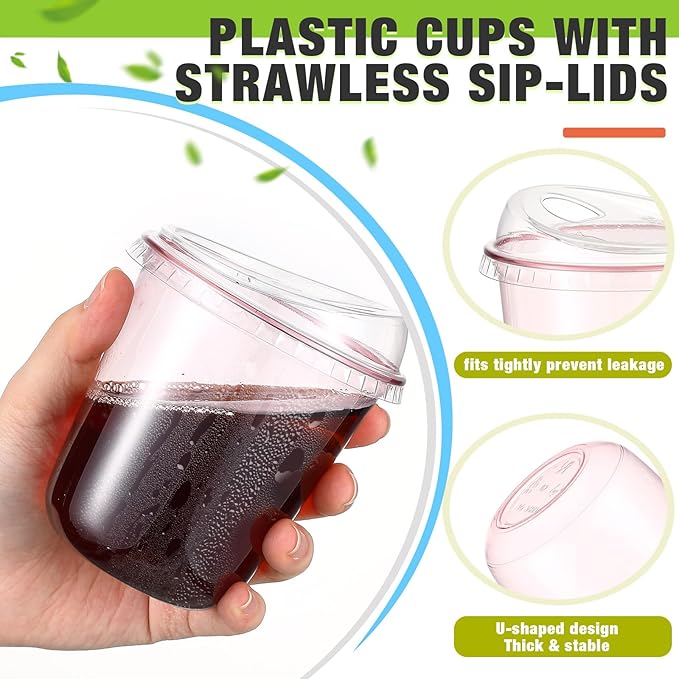 50 Sets Clear Plastic Coffee Cups with Sip Lids, Disposable Plastic PET Crystal Cups for Iced Coffee, Smoothie, Cold Beverage, Drink Shops and Party Catering(Clear Pink,12 oz)