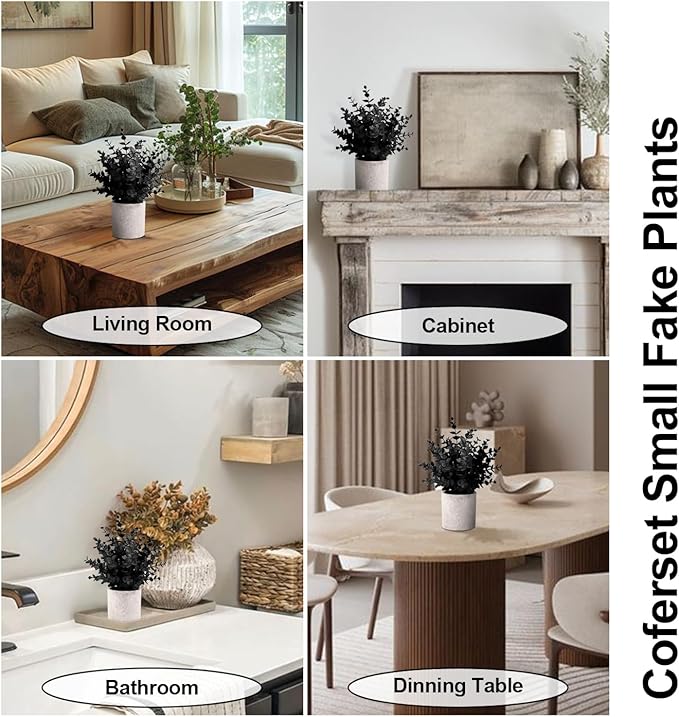 2 Pack Black Fake Eucalyptus Small Fake Plants Potted Artificial Plants for Halloween Decorations Shelf Desk Home Farmhouse Room Coffee Table Bathroom Decor(Black)