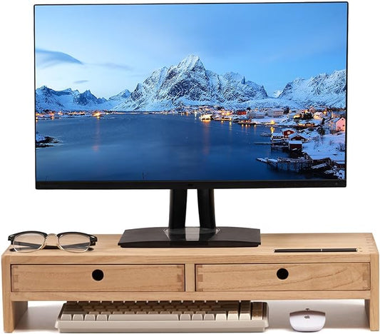 KIRIGEN Wood Monitor Stand with 2 Drawers - Computer Arm Riser Desk Storage Organizer,Speaker TV Laptop Printer Stand with Pen Slot and Cable Management,2-Tier Desktop Shelf NA-2PMJ
