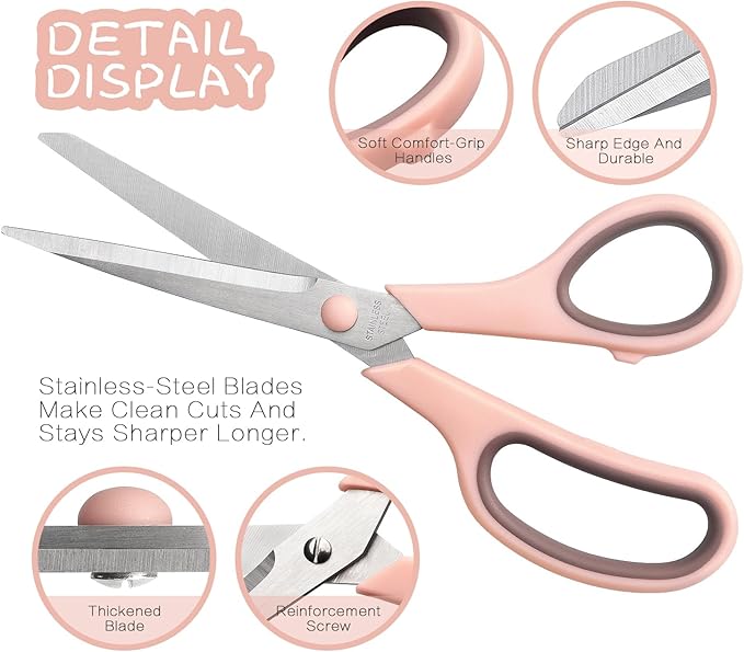 Scissors 8.5 Inch scissors all purpose Bulk Set of 3, Scissors for Office Home School Craft Supplies, Soft Comfort-Grip Right/Left Hand, Navy Blue, Pink, Brown