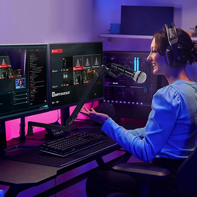 Low Profile Mic Arm 15cm Extra Riser Adjustable Mic Boom Arm Metal Desk Mounted Microphone Stand Cable Management Flexible Microphone Holder for Podcast Streaming Gaming Desktop