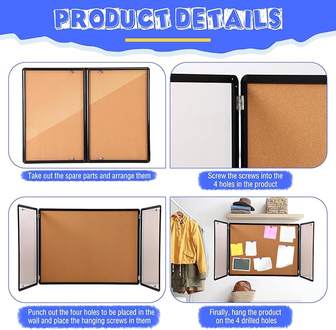 Enclosed Bulletin Board 48" x 36" Weather Resistant Lockable Notice Cork Display Board Wall Mounted 2 Locking Door for School Classroom Commercial Christmas, 12 x A4(Brown, Black Frame)
