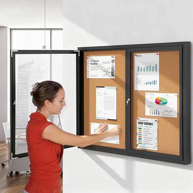 S SWANCROWN Outdoor Bulletin Board Weatherproof 48x36in, Enclosed Bulletin Board Wall Display Case for Office School Commerce, Cork, Black Aluminum Frame