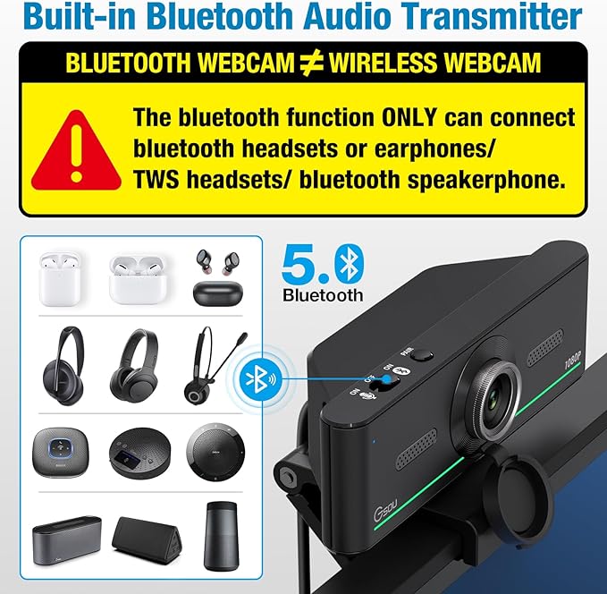 Gsou 1080P Webcam with Microphone for Desktop, Computer Webcam Connect Bluetooth Headset/Earphone/Speaker, Streaming Webcams for Live Skype Teams, PC Web Camera for Streaming,Bluetooth only for Audio