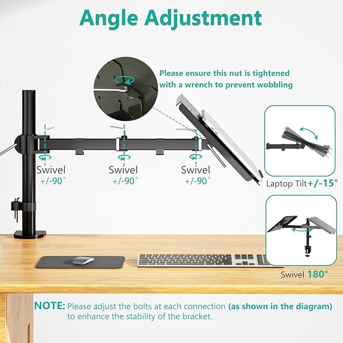 WALI Laptop Tray Desk Mount for 17inch Notebook, Fully Adjustable Laptop Arm up to 22lbs, Monitor Mount with Vented Cooling Platform Stand (M00LP), Black
