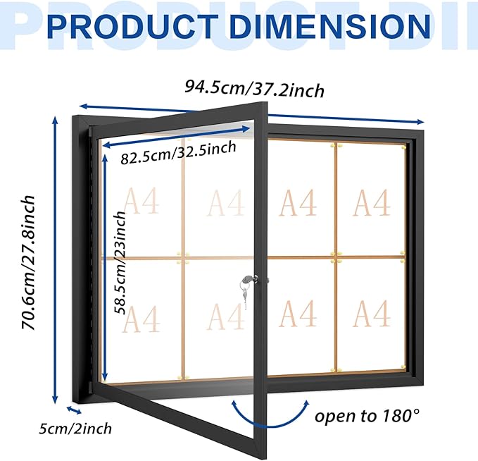 SWANCROWN Outdoor Bulletin Board 37x28in, Enclosed Bulletin Board with Locking Door Wall Display Case for Office School Commerce, Cork, Black Aluminum Frame (8xA4)