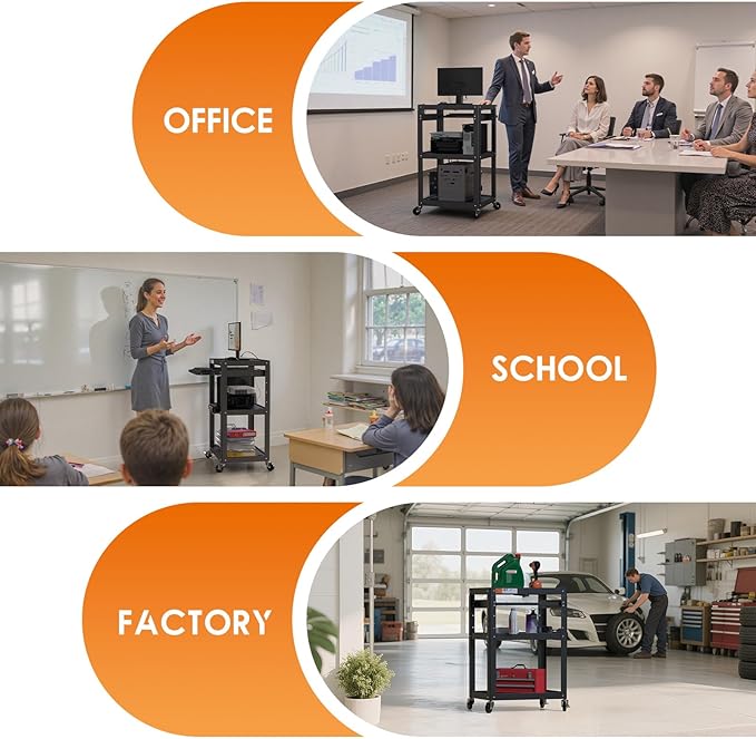 AV Presentation Cart Stand for Video Projector,TV,Laptop Computers,Printers,Metal Construction Rolling Cart with Adjustable Shelves,4 Wheels,4 Outlets, 5.75ft Cord,Support 300 lbs,Black