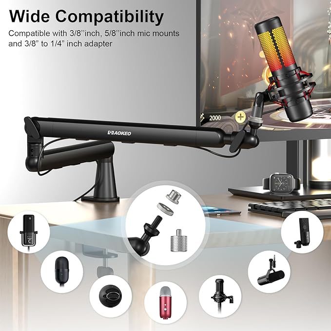 Microphone Arm,Aokeo AK-55 Desk Low Profile Adjustable Mic Boom Arm Stand,Suitable For Blue Yeti,Snowball iCE, HyperX QuadCast,SoloCast,Elgato Wave,Etc