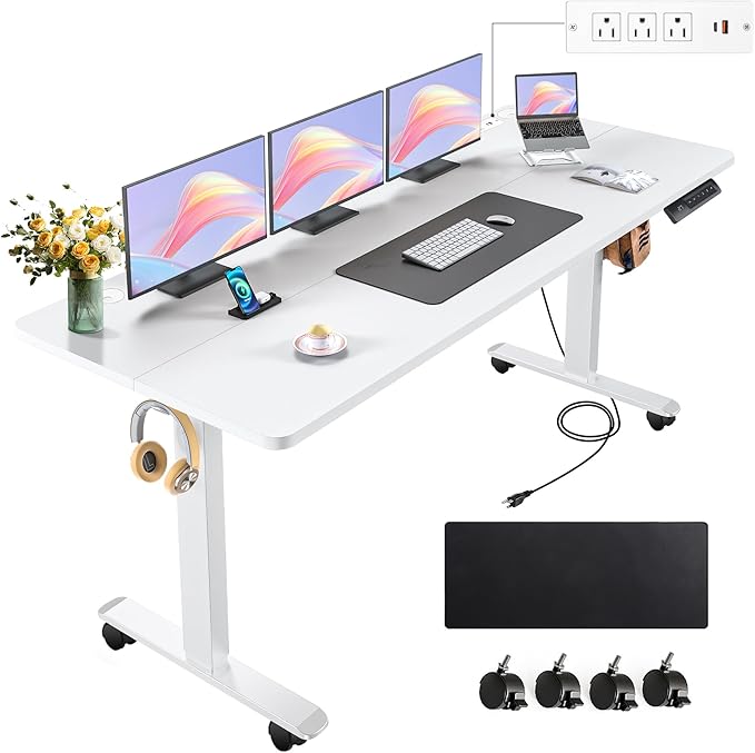 farexon Electric Standing Desk Adjustable Height, 63 x 24In with Outlets and USB Ports, Stand up Desk with 39x18in Mouse Pad, Dual Beam Structure, 4 Wheels,4 Memory Heights Easy to Set(White)