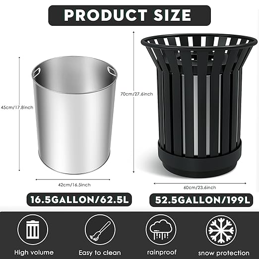 27.6IN Round Large Outdoor Trash Can, Heavy Duty Metal Slatted Garbage Can Outdoor, All Weather Resistant Commercial Garbage Cans, Waste Receptacle in Park, School, Beach, Patio Black