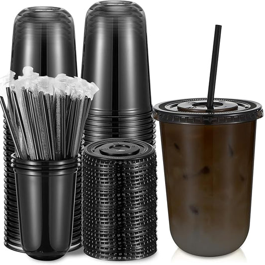 50 Sets Clear Plastic Cups with Lids and Straws, Disposable Iced Coffee Cups Drinking PET for Cold Drinks, Juice, Smoothie, Coffee Shops, Party, Christmas(Black,16 oz)
