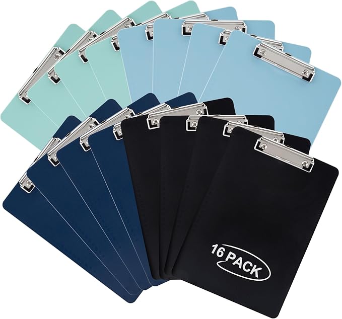 16 Pack Plastic Clipboards with Low Profile Clip, Hanging Clipboards Bulk, Clip Boards 8.5x11 Holds 100 Sheets, A4 Letter Size Clipboard for Teacher, Students, Kids, School & Office