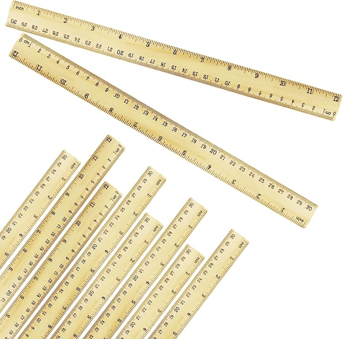 Wooden Ruler 12 Inch Bulk Dual-Sided Inches & Metric Measuring Stick for Classroom, Office, School for Teachers, Students, Artists (10 Pack)