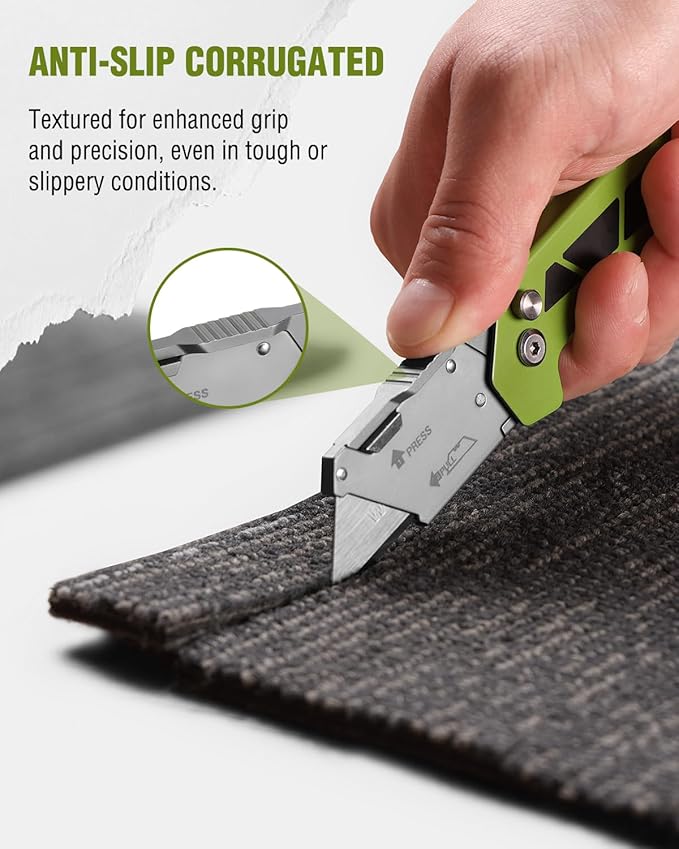 WORKPRO Box Cutter, Utility Knife Quick Change Blade Razor Knife, Folding Pocket Knife with Belt Clip and Axis Lock, 10 Extra Blades Included, Green