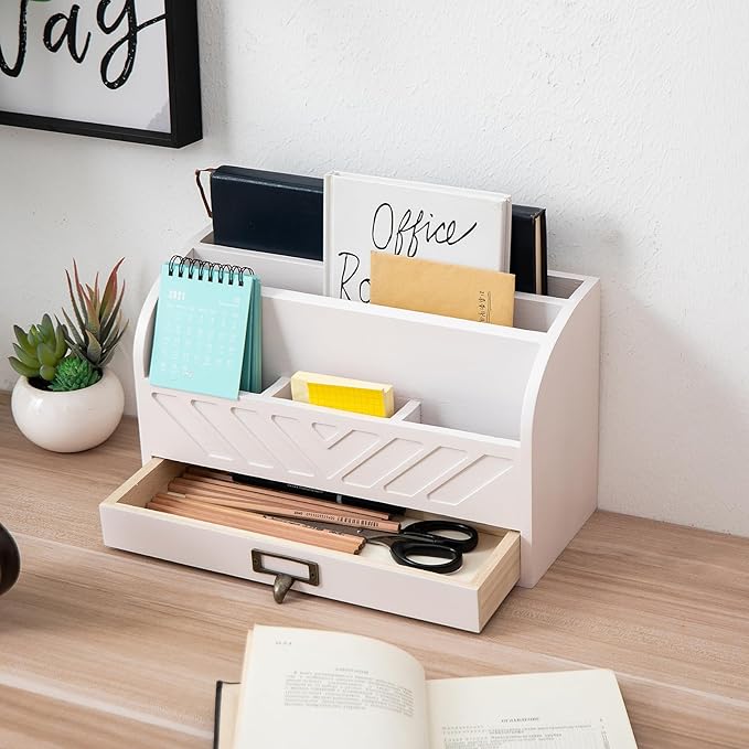 VERGOODR Solid Wooden Desk Drawer Organizer Desktop File Sorter,Desktop Mail Organizer with Handle For Office Supplies,Office Desk Accessories & Workspace Organizers for Home Organization (white)