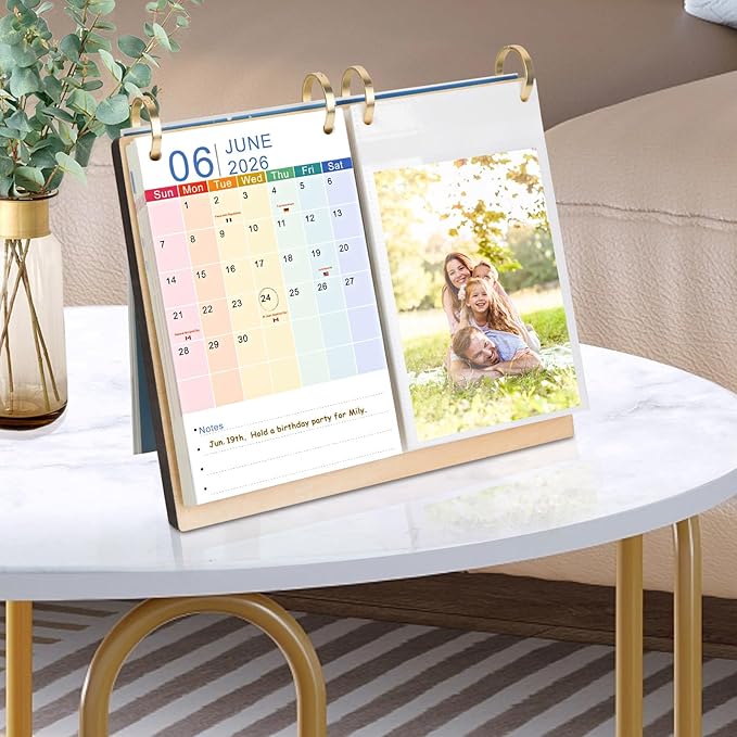 ZEEYUAN 4x6 Desktop Flip Photo Album and 2026 Desk Calendar, Small Desk Calendar Jan 2026-Jun 2027 with Notepads, 4x6 Flip Photo Album on Standing 40 Pockets