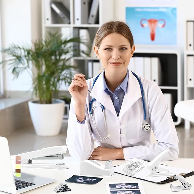 sportsvoutdoors White Desk Accessories, White Office Supplies,Large Stapler and Tape Dispenser Set, White Desk Accessory Kit, Gift for Students, Women, Coworkers, Boss Lady, Office Clerks