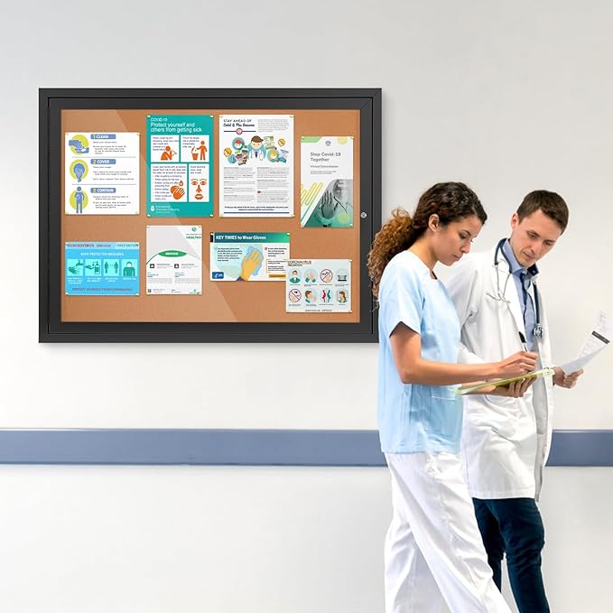 SWANCROWN Outdoor Bulletin Board 37x28in, Enclosed Bulletin Board with Locking Door Wall Display Case for Office School Commerce, Cork, Black Aluminum Frame (8xA4)