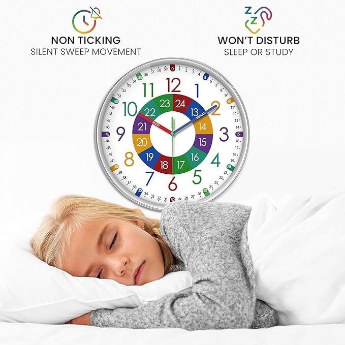 XFM Learning Clock for Kids Silent Non Ticking Battery Operated Colorful Teaching Time Clock 8 Inch Decorative Small Analog Clock for Kids Room Classroom School Playroom
