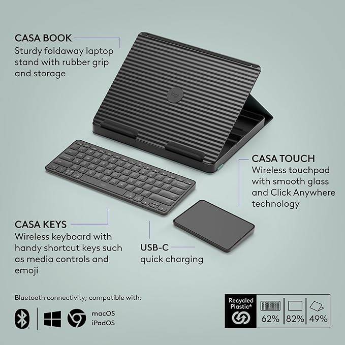 Logitech Casa Pop-Up Desk with Laptop Stand, Wireless Keyboard & Touchpad, Bluetooth, USB C Charging, for Laptop/MacBook (10” to 17”),Windows, macOS, ChromeOS - Classic Chic, Green/Black