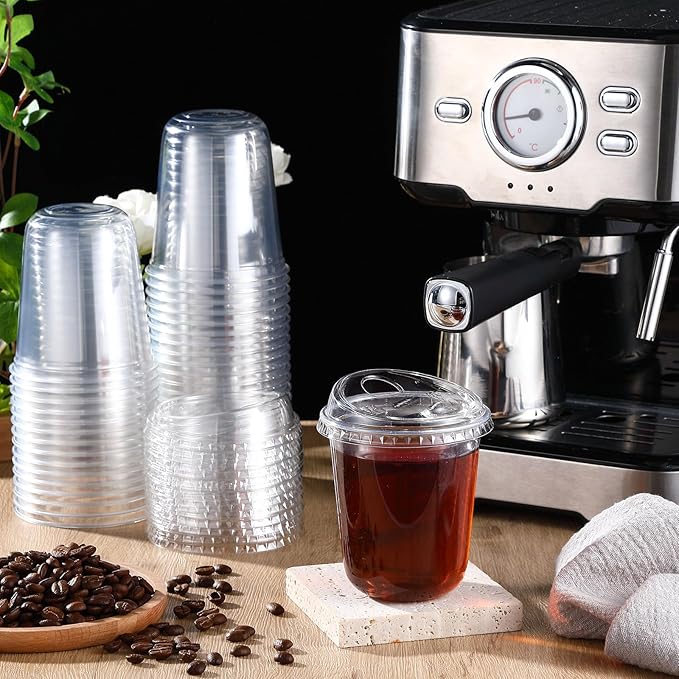 50 Sets Clear Plastic Coffee Cups with Sip Lids, Disposable Plastic PET Crystal Cups for Iced Coffee, Smoothie, Cold Beverage, Drink Shops and Party Catering(Clear,14 oz)