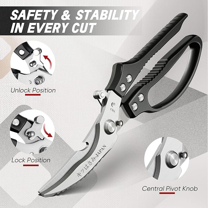 TIVOLI Kitchen Scissors Set Black,Japanese Stainless Steel Kitchen Shears for Food, Heavy Duty Poultry Shears, Food Scissors for Meat,Chicken Bones and Turkey,Ideal Gift