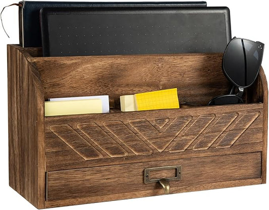 VERGOODR Solid Wooden Desk Drawer Organizer Desktop File Sorter,Desktop Mail Organizer with Handle For Office Supplies,Office Desk Accessories & Workspace Organizers for Home Organization (Brown)