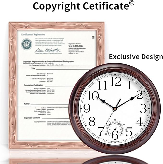 12 Inch Outdoor Wall Clock with Thermometers, Vintage Silent Wall Clocks Battery Operated, Retro Non-Ticking Clock Decorative for Living Room, Patio, Kitchen, Office, Bathroom, Bedroom(Bronze)