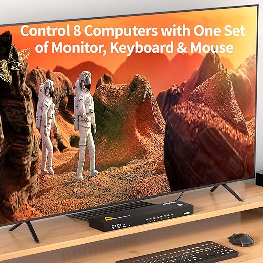 8 Port HDMI KVM Switch 4K@60Hz, 1U Rack Mount, USB Keyboard Mouse Sharing for 8PCs, Independent 3.5mm Audio Output, Includes 8 HDMI Cables, IR Remote, 4 USB 2.0 Hubs, Wired Controller