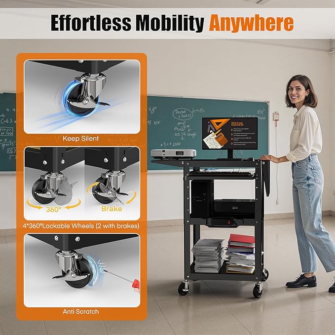 All-Steel Rolling AV Cart with Adjustable Height & Built-in Power – Heavy-Duty Media Workstation with Drop-Leaf Shelves & Wheels for Projectors, Laptops, Printers – Classroom, Office & Studio, Black