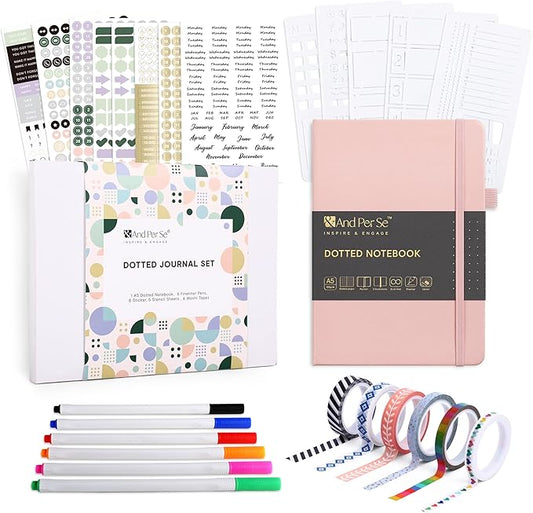 &And Per Se Dotted Journal Notebook Set, A5 Hardcover Dotted Journal (Pink), 6 Fineliner Pens, 8 Sticker, 5 Stencil Sheets & 6 Washi Tapes, Journaling Supplies for Planner Schedule