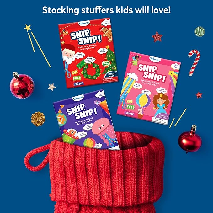 Skillmatics Scissor Skills Activity Book - Snip Snip Christmas, 25 Fun Cutting & Creative Activities for Preschoolers, 2 Child-Safe Scissors, Felt Craft Kit, Gifts for Kids Ages 3, 4, 5, 6, 7