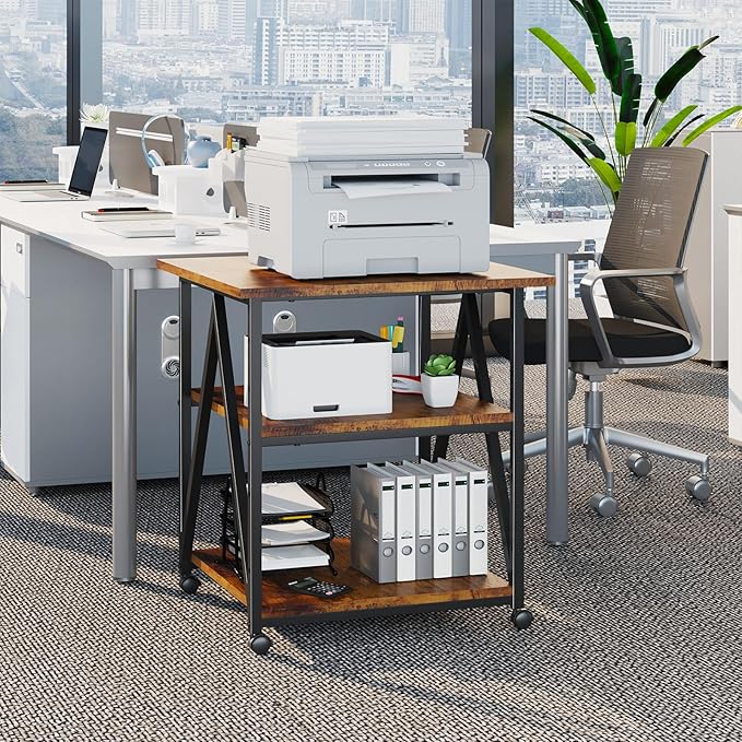 3-Tier Printer Stand, Large Printer Table with Storage, Industrial Printer Storage Cart with Wheels, Rolling Printer Stand for Heat Press Scanner Fax, Brown