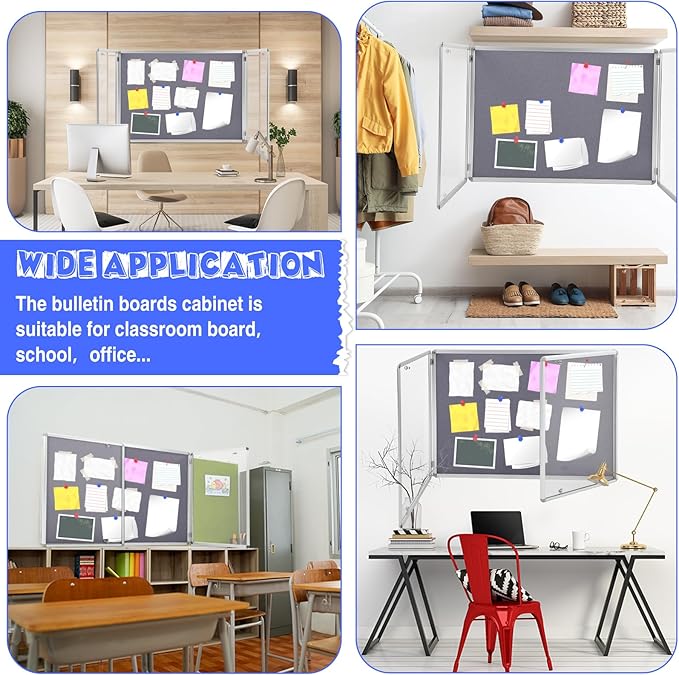 Enclosed Bulletin Board 48" x 36" Weather Resistant Lockable Notice Cork Display Board Wall Mounted 2 Locking Door for School Classroom Commercial Christmas, 12 x A4(Gray, Silver Frame)