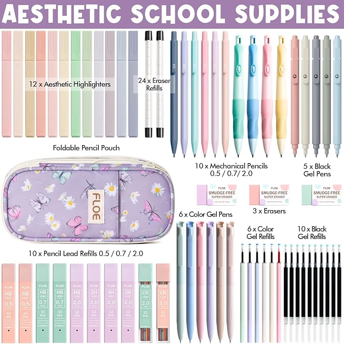 65PCS Aesthetic School Supplies with Cute Pencil Case, Pastel Highlighters Gel Pens Mechanical Pencils Set 0.5 0.7 & 2.0mm, Office Back to School Supplies College Essentials Kit Student Stationary Set