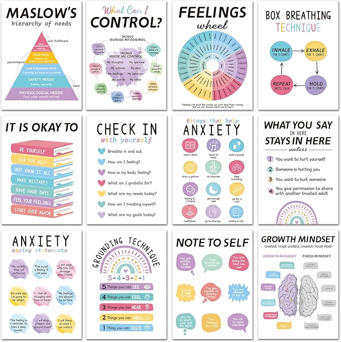 12PCS Mental Health Posters, Anxiety Therapy Motivational Poster Counseling Office Must Haves, 10’’x14’’ School Counselor Supplies, Mental Health Wall Art Decor Home Classroom Inspirational Posters