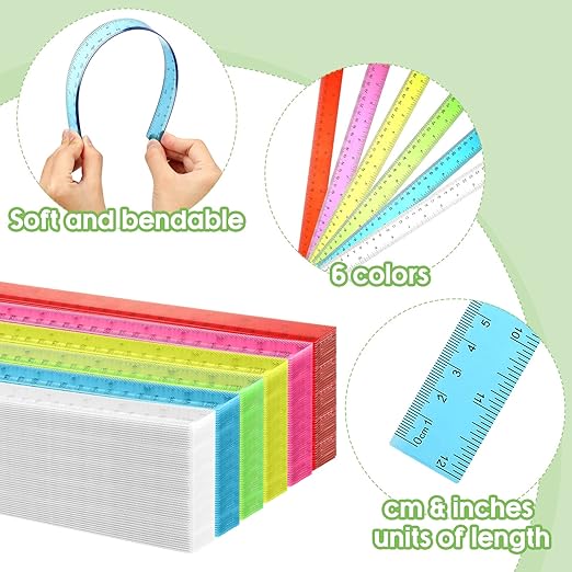 Fumete 144 Pack 12 Inch Plastic Rulers Bulk for Classroom Operation Christmas Supplies Flexible Transparent Assorted Color Ruler with Centimeters and Inches for Office Teacher Student