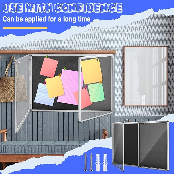 Enclosed Bulletin Board 48" x 36" Weather Resistant Lockable Notice Cork Display Board Wall Mounted 2 Locking Door for School Classroom Commercial Christmas, 12 x A4(Black, Silver Frame)