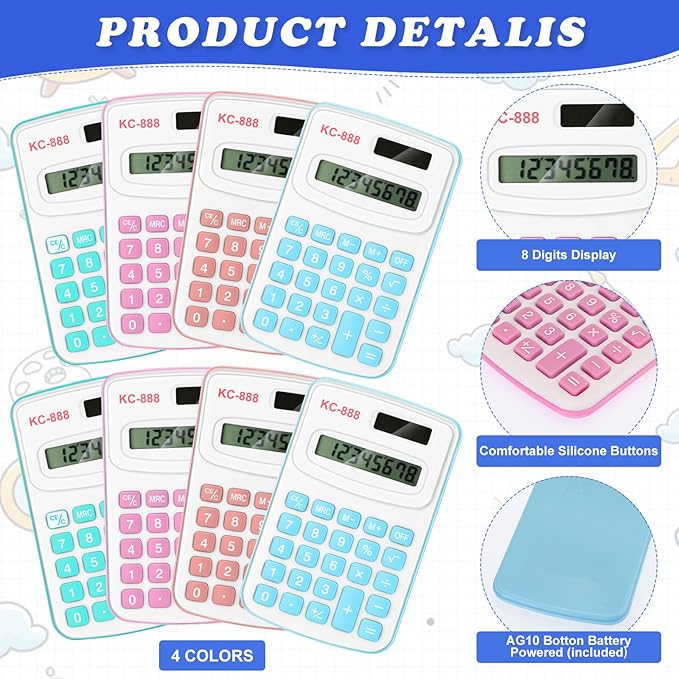 Hoteam 16 Pcs Christmas Pocket Calculator Gift for Students Bulk Mini Handheld Calculator Basic Standard Calculators with Button Battery 8 Digit Display for School Office Home(Light Color)