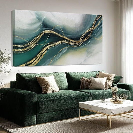 ZENPEE Gold Home Decor, Canvas Wall Art, Green Large Abstract Art for Living Room, Office, Bedroom & Dining Room, 24" x 48"