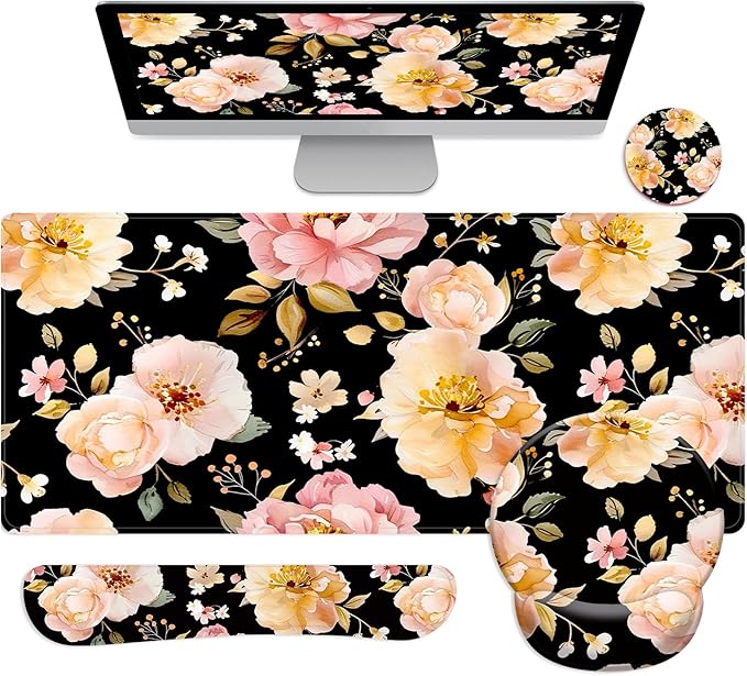 Long Mouse Pad XXL,Ergonomic Desk Mat Gaming Set,Keyboard Wrist Support Rest Mouse Pad Suitable for Office and Home (XXL Rose Set)