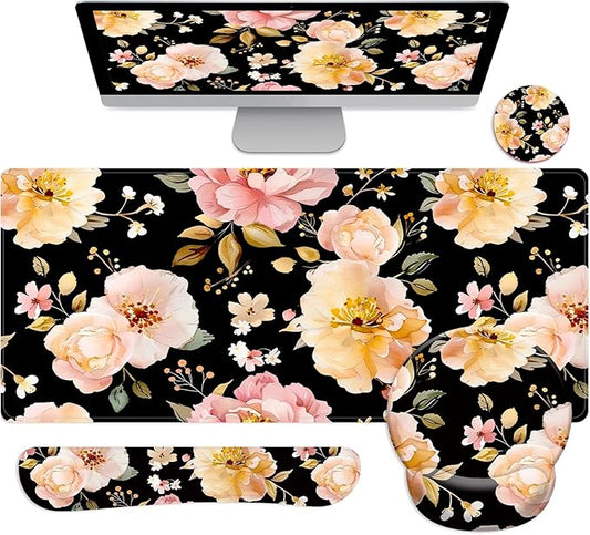 Long Mouse Pad XXL,Ergonomic Desk Mat Gaming Set,Keyboard Wrist Support Rest Mouse Pad Suitable for Office and Home (XXL Rose Set)